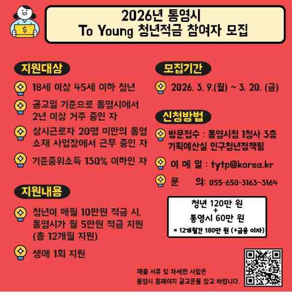 통영시, 청년적금 매월 5만 원 지원…자산 형성 돕는다 기사 이미지