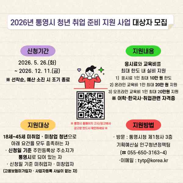 통영시, 취업 준비 비용 부담 던다…청년 지원 대폭 확대 기사 이미지